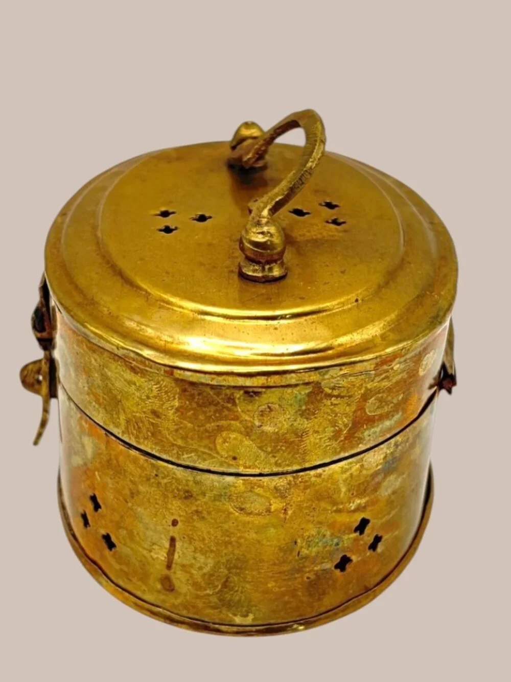 Vintage Brass Trinket Box Pierced Lidded Hinged Indian Betel Spice Box